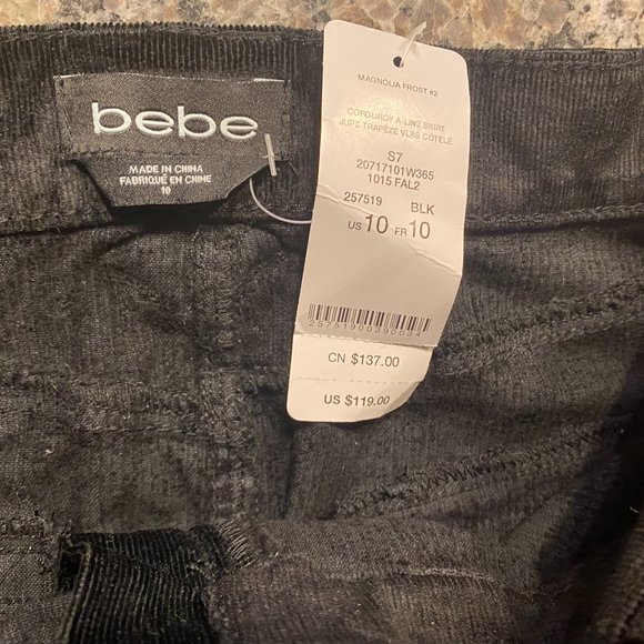 Bebe Black Corduroy A-Line Skirt w Front Zip, Pockets and Tie Belt Size 10 NWT - Picture 11 of 12